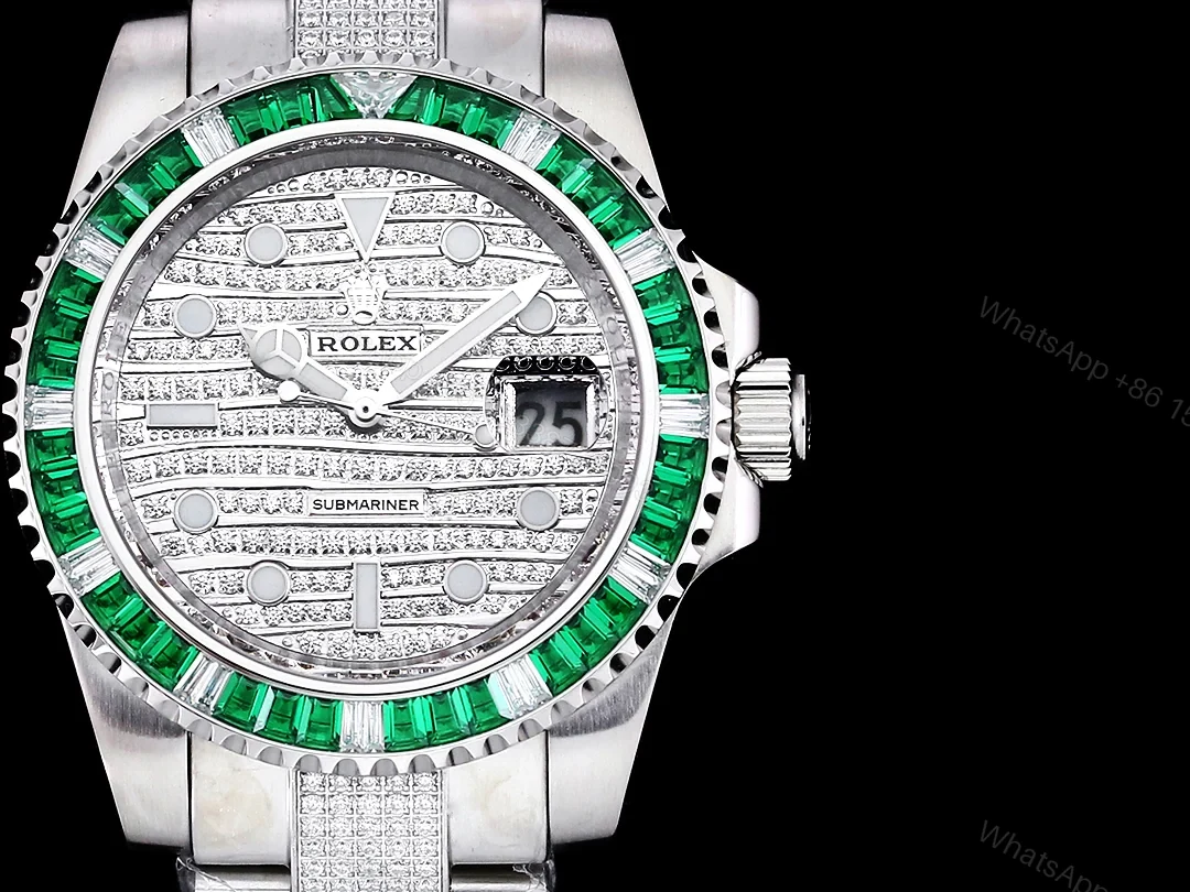 View 2 of Rolex Submariner Green Baguette Diamond Replica 42MM Premium Meteorite Dial Pavé Oyster Bracelet RG-ROLEX-SUB-GREEN-BAGUETTE-42