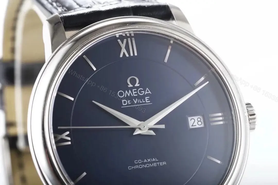 View 3 of Omega De Ville Prestige Replica Watch Blue Dial Silver Case Black Leather Strap