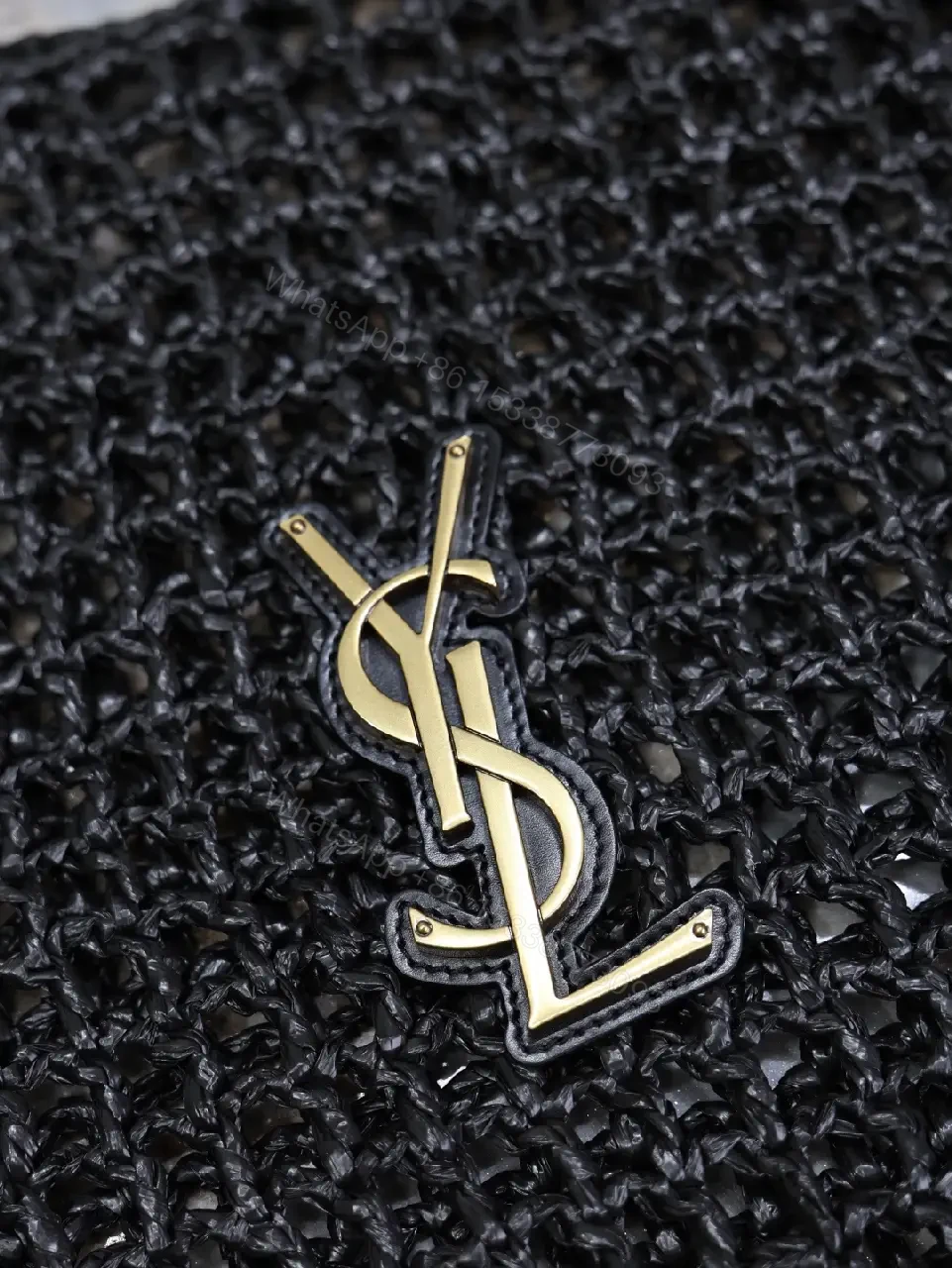 View 2 of Open-Knit Mesh Tote: Black Leather, Gold Monogram, Luxe Style