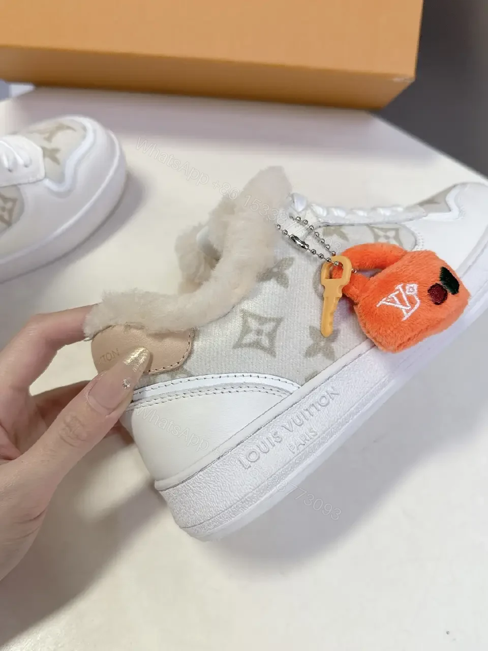 View 4 of White Leather Fur-Trim High-Top Sneakers + Plush Detail