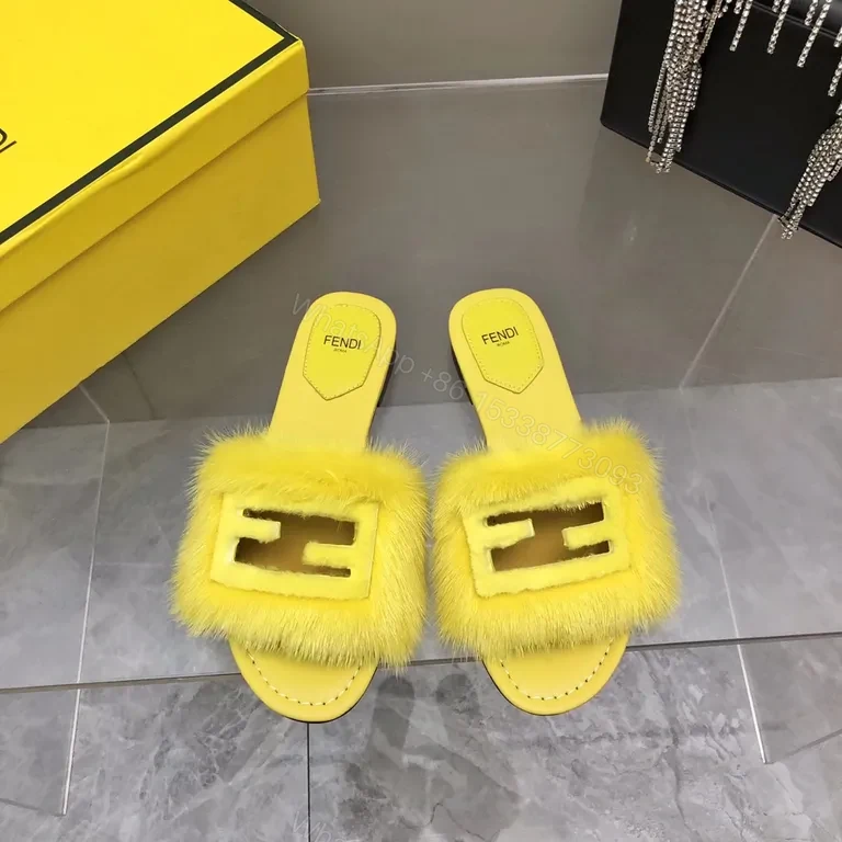 Yellow Fur Slide: Luxe Fendi-Style, Contoured Comfort — view 1
