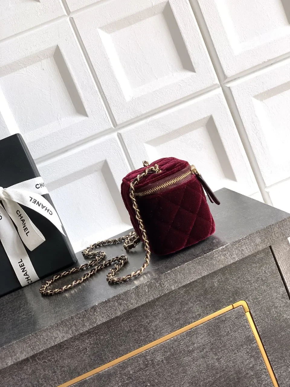 View 9 of Burgundy Velvet Chain Bag with Gold Accents, Compact Luxury