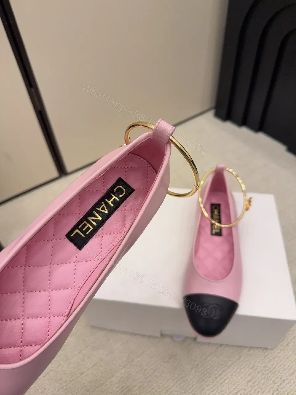 View 6 of Pink Quilted Leather Ballet Flats with Gold Hoop Accent - Cap Toe Detail