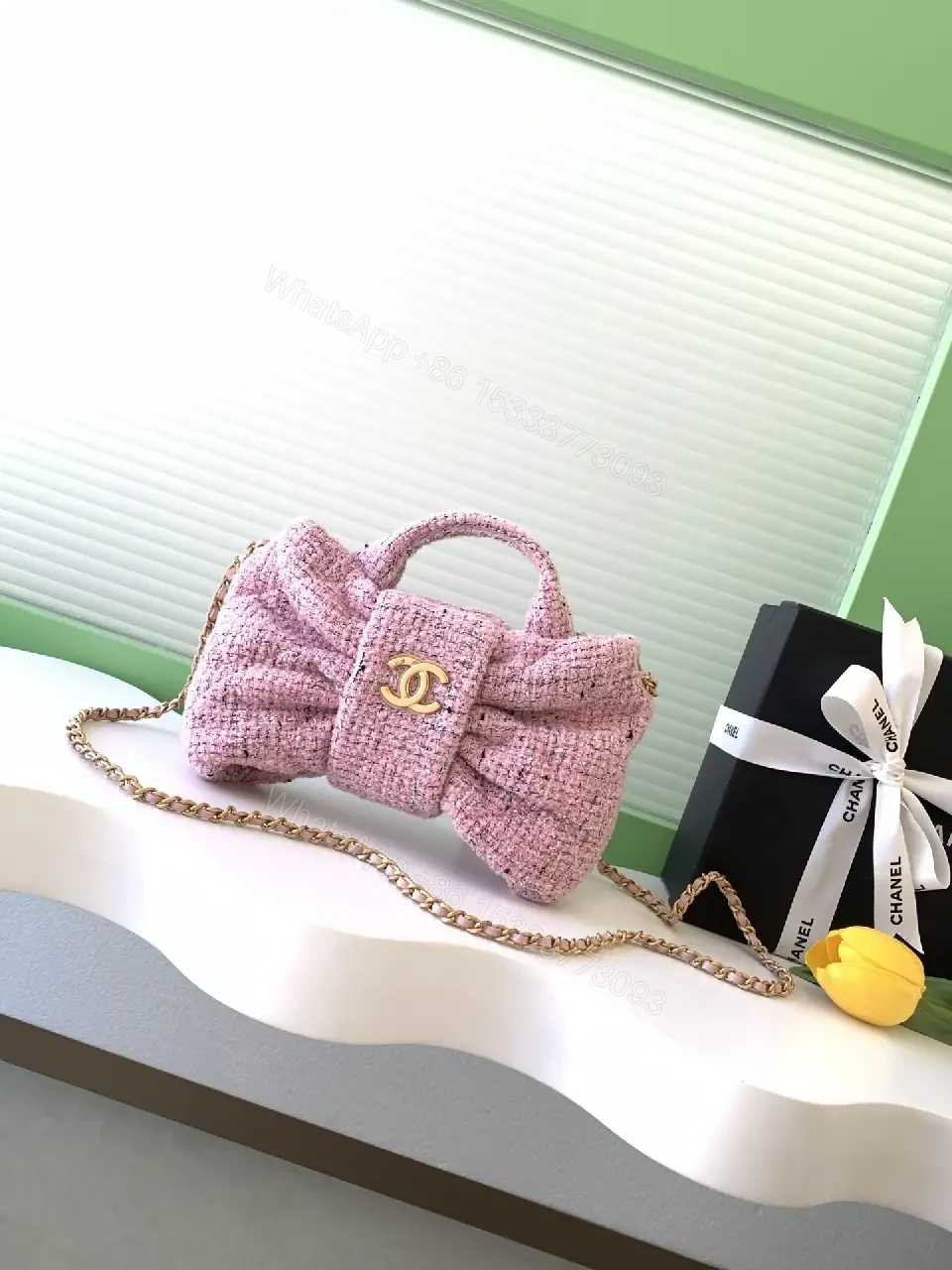 Pink Tweed Bow Satchel, Gold Logo Clasp, Designer-Inspired Style — view 1