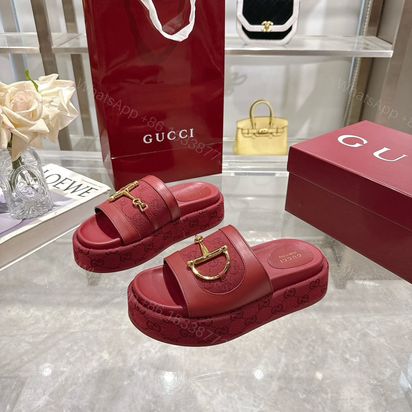 View 5 of GUCCI WOMEN’S PLATFORM SLIDES WITH HORSEBIT BURGUNDY