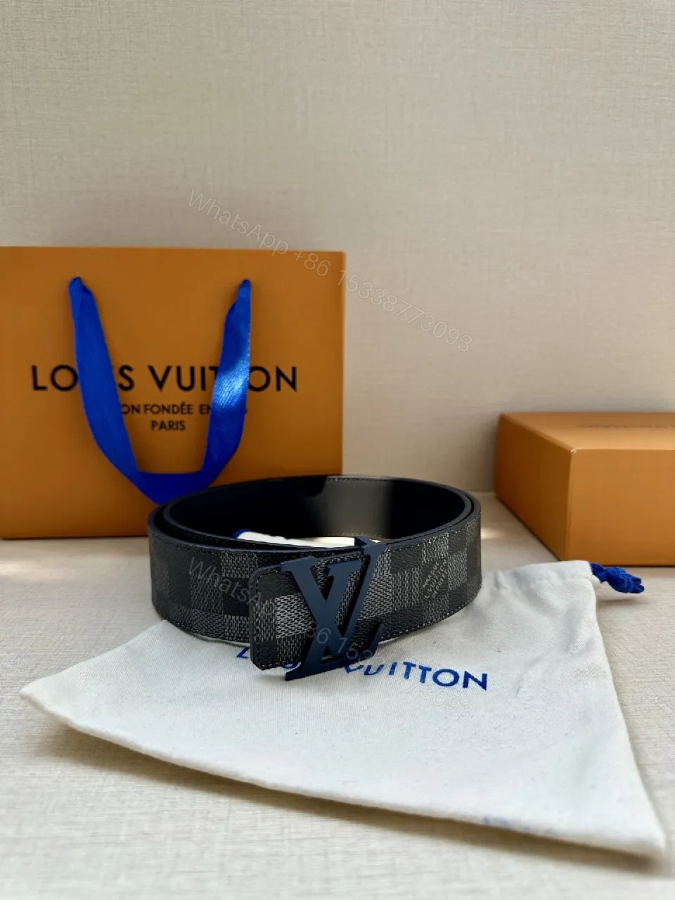 View 6 of Monochrome Checkered Belt with LV Buckle - Premium Leather Belt