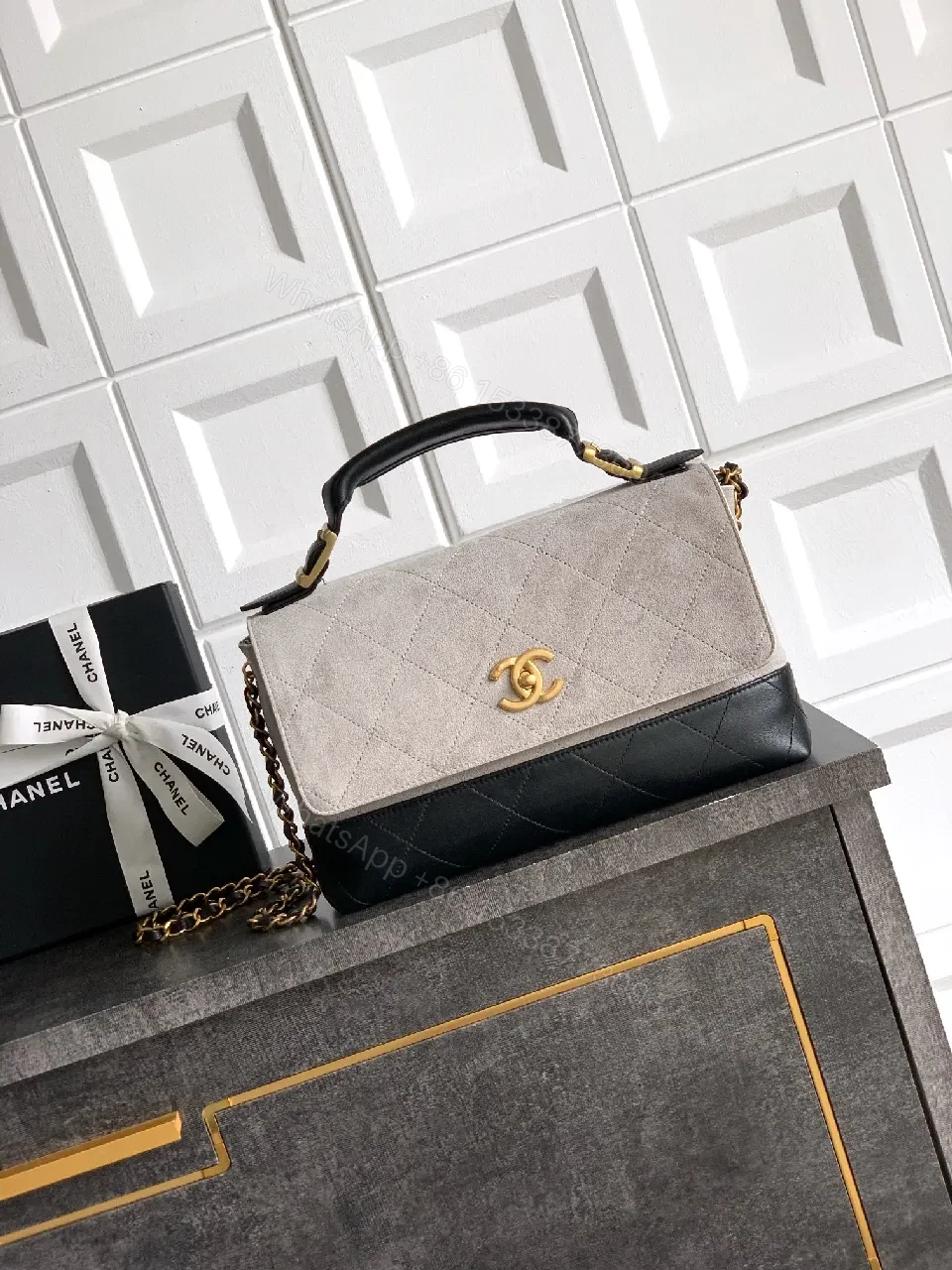 Two-Tone Quilted Flap Bag: Gold Hardware Luxury Handbag — view 1