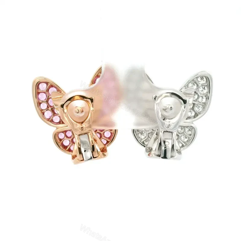 View 5 of 18K Gold Two Butterfly Diamond Pink Sapphires Earrings
