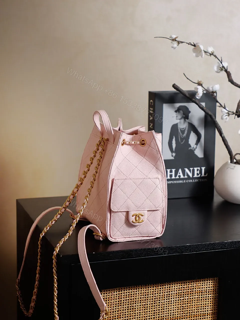 View 5 of Soft Pink Quilted Bucket Bag with Gold Charm, Faux-Leather Bag