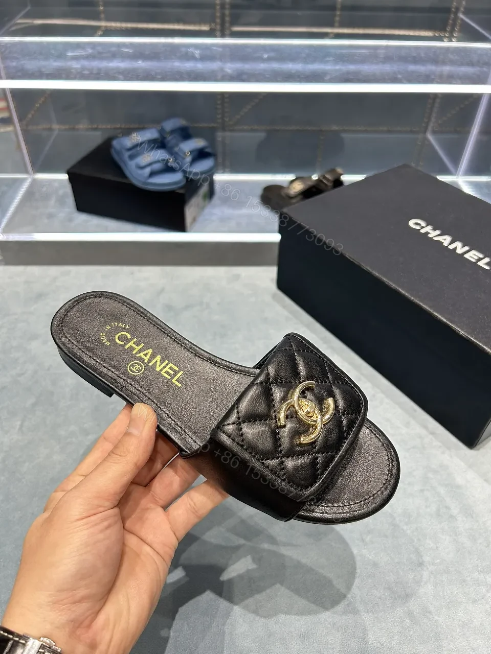 View 7 of Quilted Leather Slides - Luxury Comfort, Gold Logo Detail