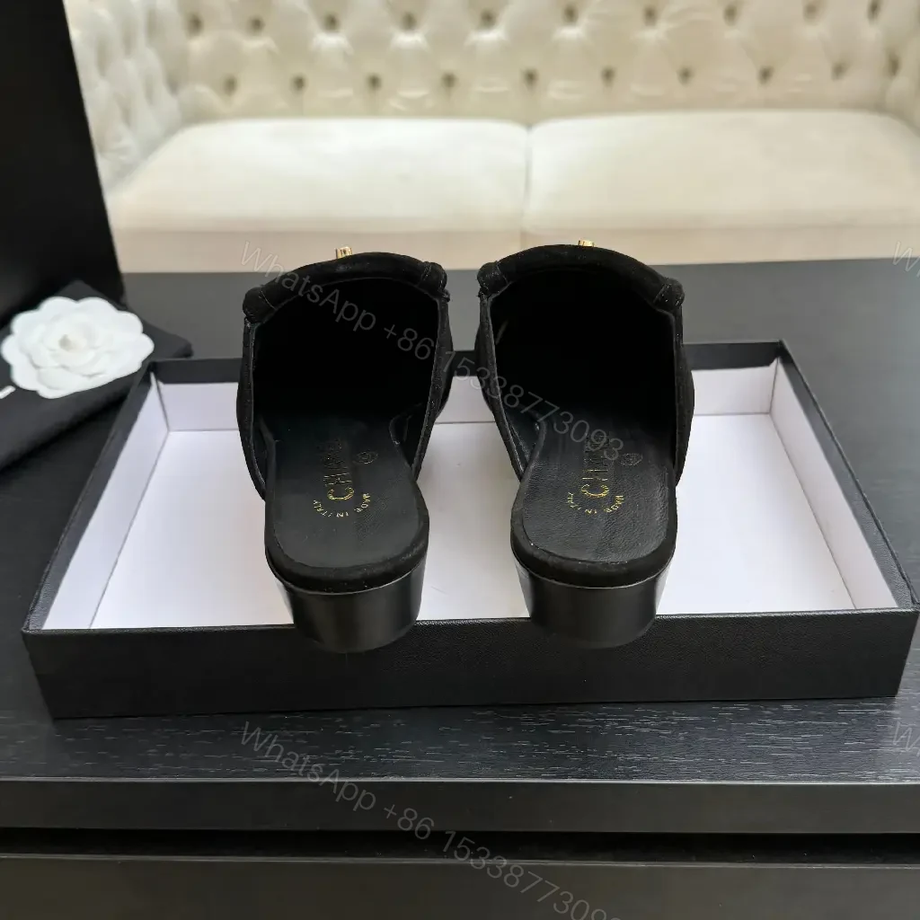 View 4 of Black Suede Slip-Ons with Gold Chanel Logo Moccasins