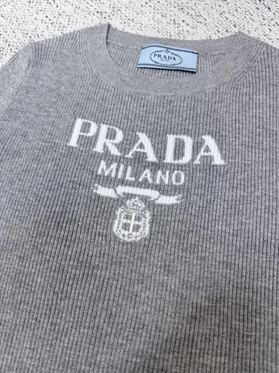 View 10 of Grey Ribbed Prada Milano T‐Shirt Dress: Subtle Texture, Everyday Luxury