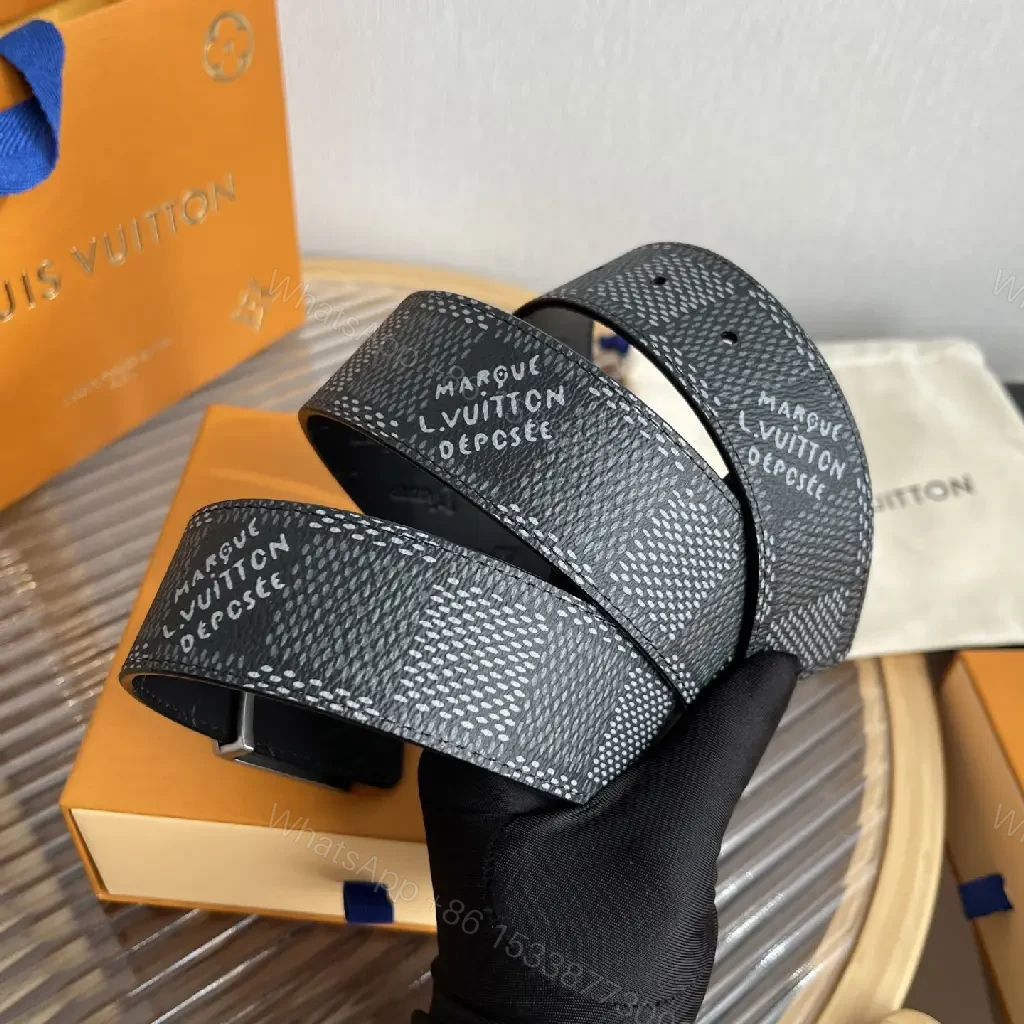 View 11 of Dark Gray Belt with Silver LV Buckle and Monogram Pattern
