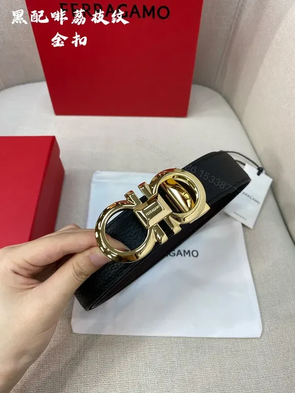 View 4 of Bold Texture Black Leather Belt with Gold Ferragamo Hardware