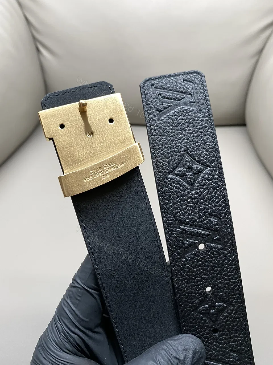View 4 of Premium Leather Belt with Gold-Accent Buckle, Subtle Texture, Luxury Style
