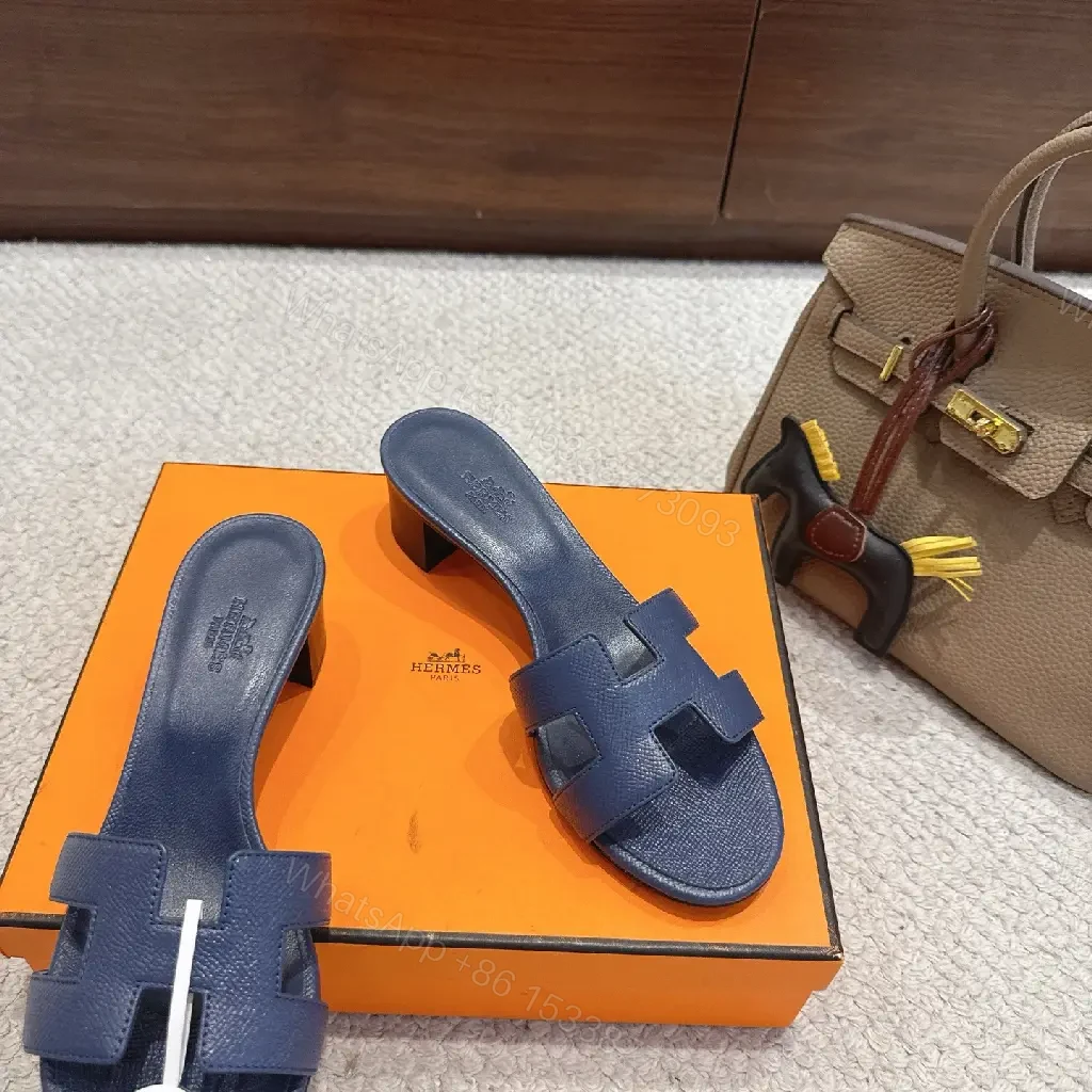 View 5 of Navy Leather Hermès-Inspired Sandals Blue Slide Sandals