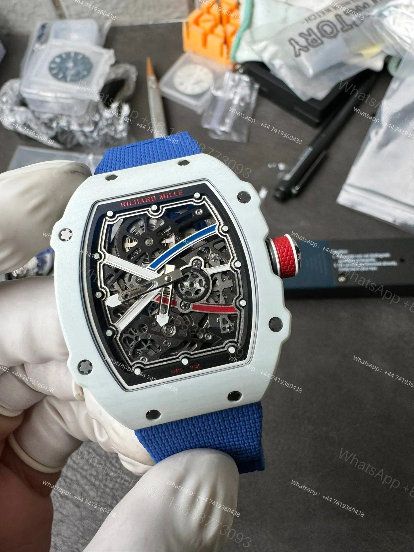 View 11 of Super Clone Richard Mille RM67-02 White Ceramic Skeleton Tourbillon 1:1 Replica Watch with Blue Strap