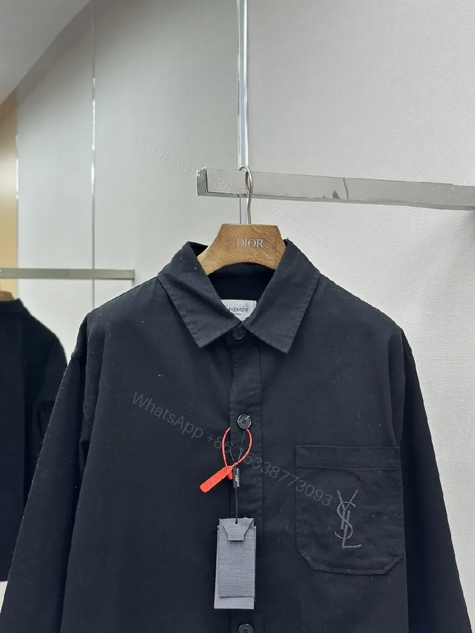 View 8 of Black Cotton-Blend Minimalist Shirt Jacket with Subtle Embroidery