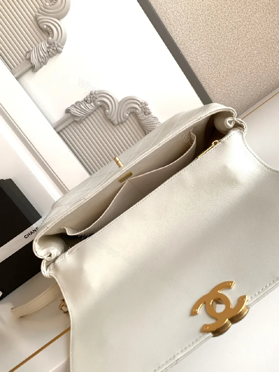 View 6 of Quilted White Crossbody Bag with Gold Logo Accent