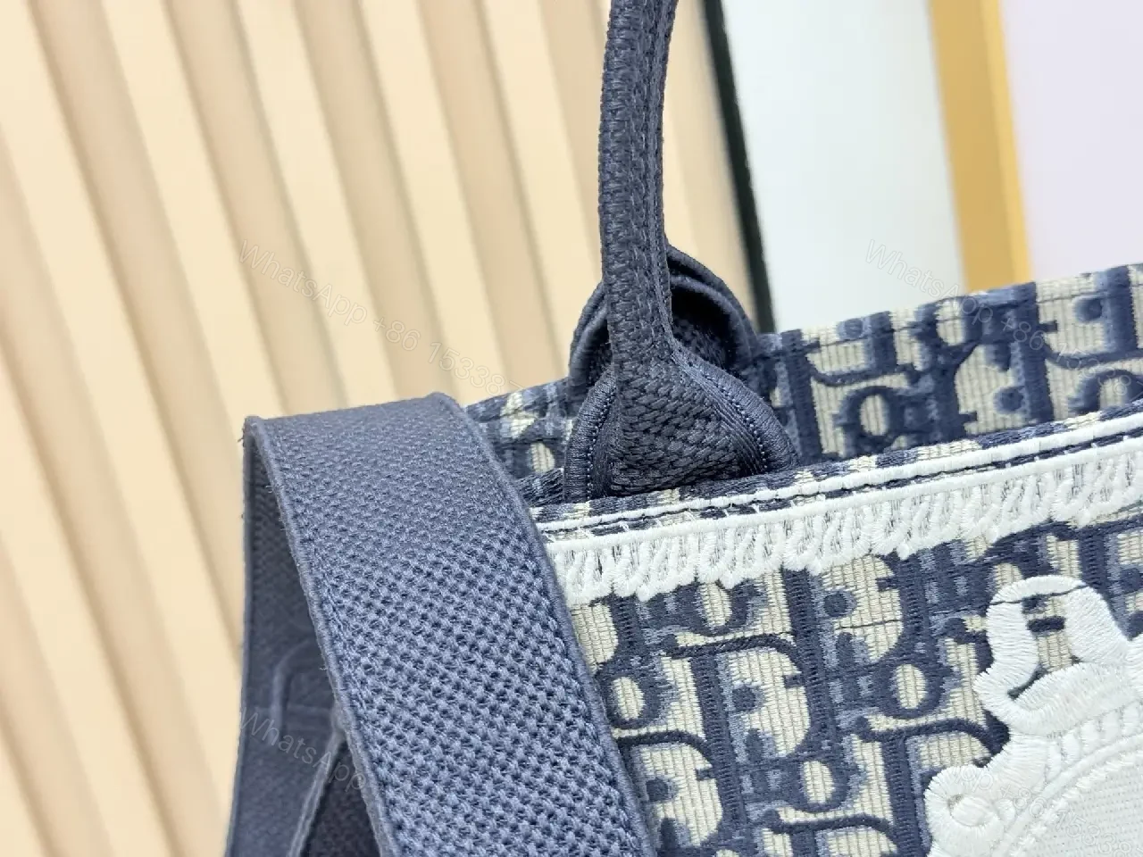 View 9 of Chic Monogram Weave Structured Handbag, Navy Cream