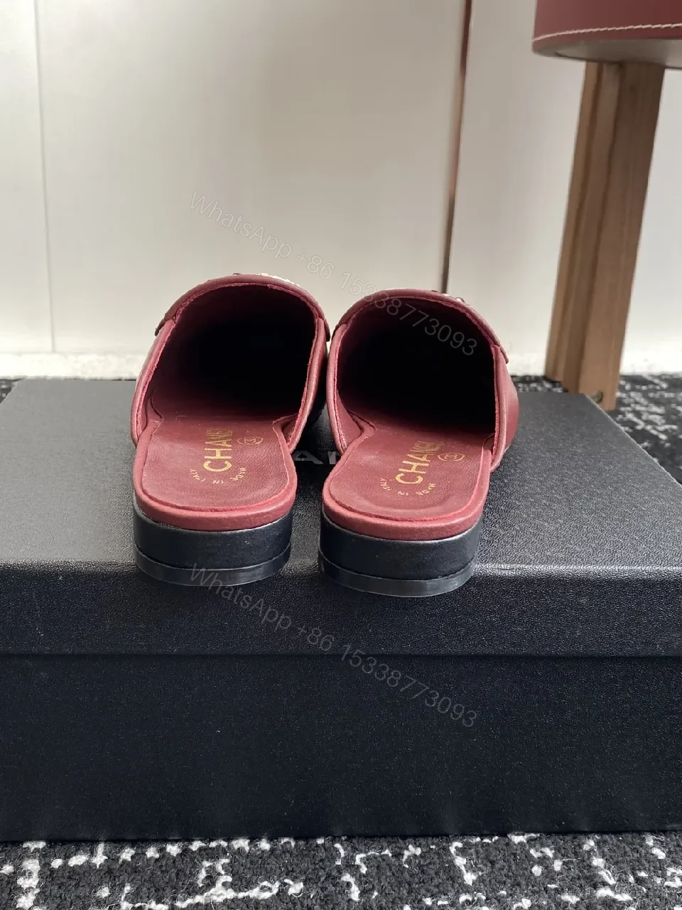 View 3 of Red Leather Mule, Gold Chain, Slip-On Chic, All-Day Comfort, Mule