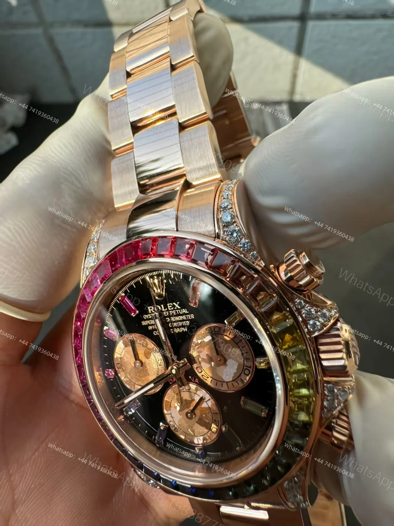 View 11 of Rolex Super Clone Rainbow Daytona 1:1 Replica Watch – 18K Rose Gold