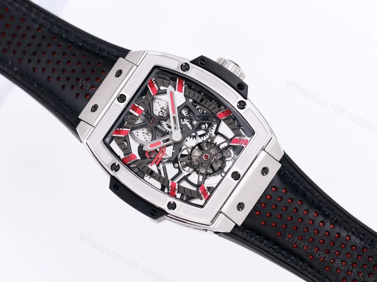 View 8 of Hublot Masterpiece Series 906 Custom Tourbillon Watch Rose Gold/Platinum Black and Red Leather Strap