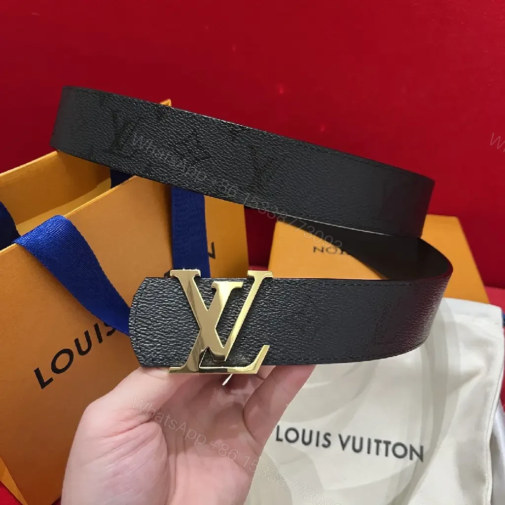 View 10 of Black Leather Belt Classic Luxury with Gold LV Buckle