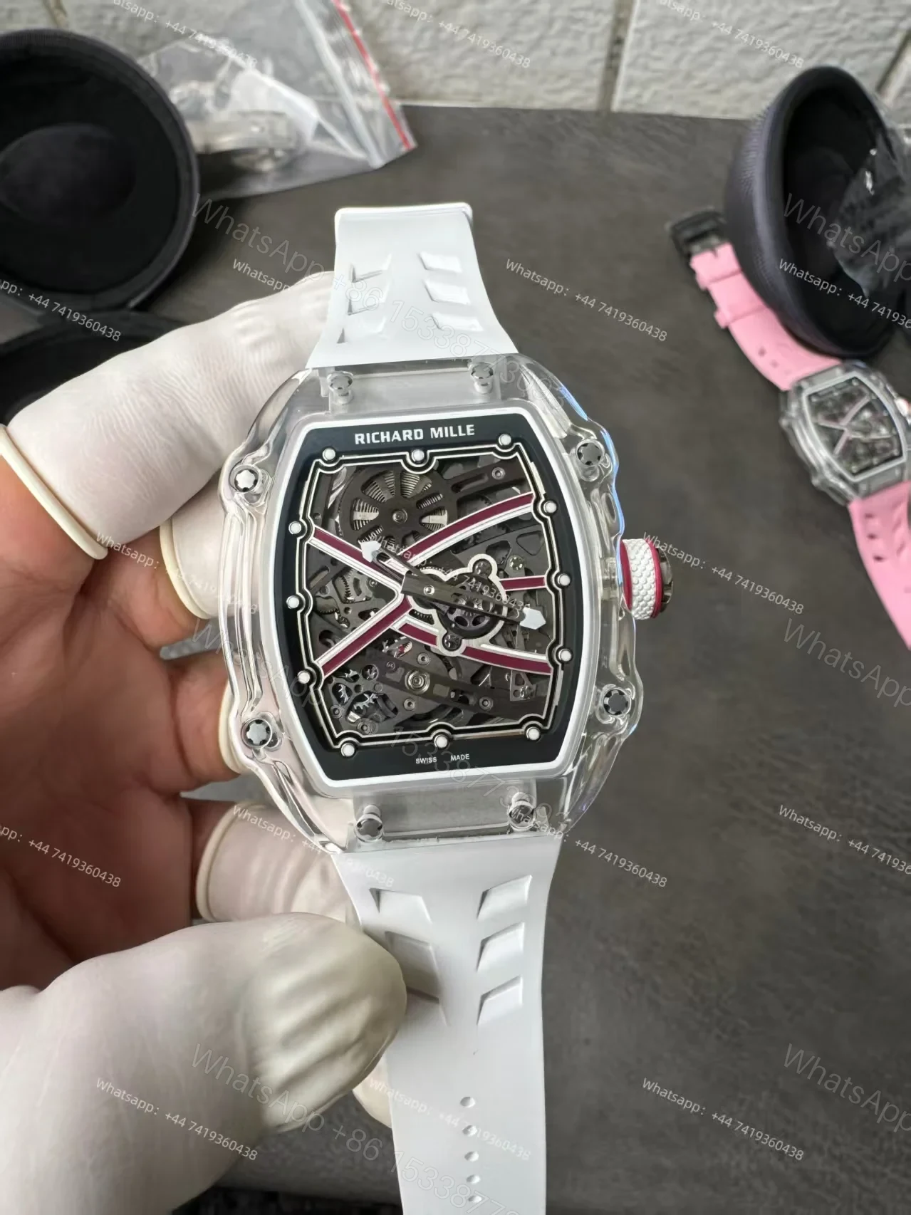View 4 of Super Clone Richard Mille RM67-02 Sapphire Crystal Skeleton Tourbillon 1:1 Replica Watch with White Rubber Strap