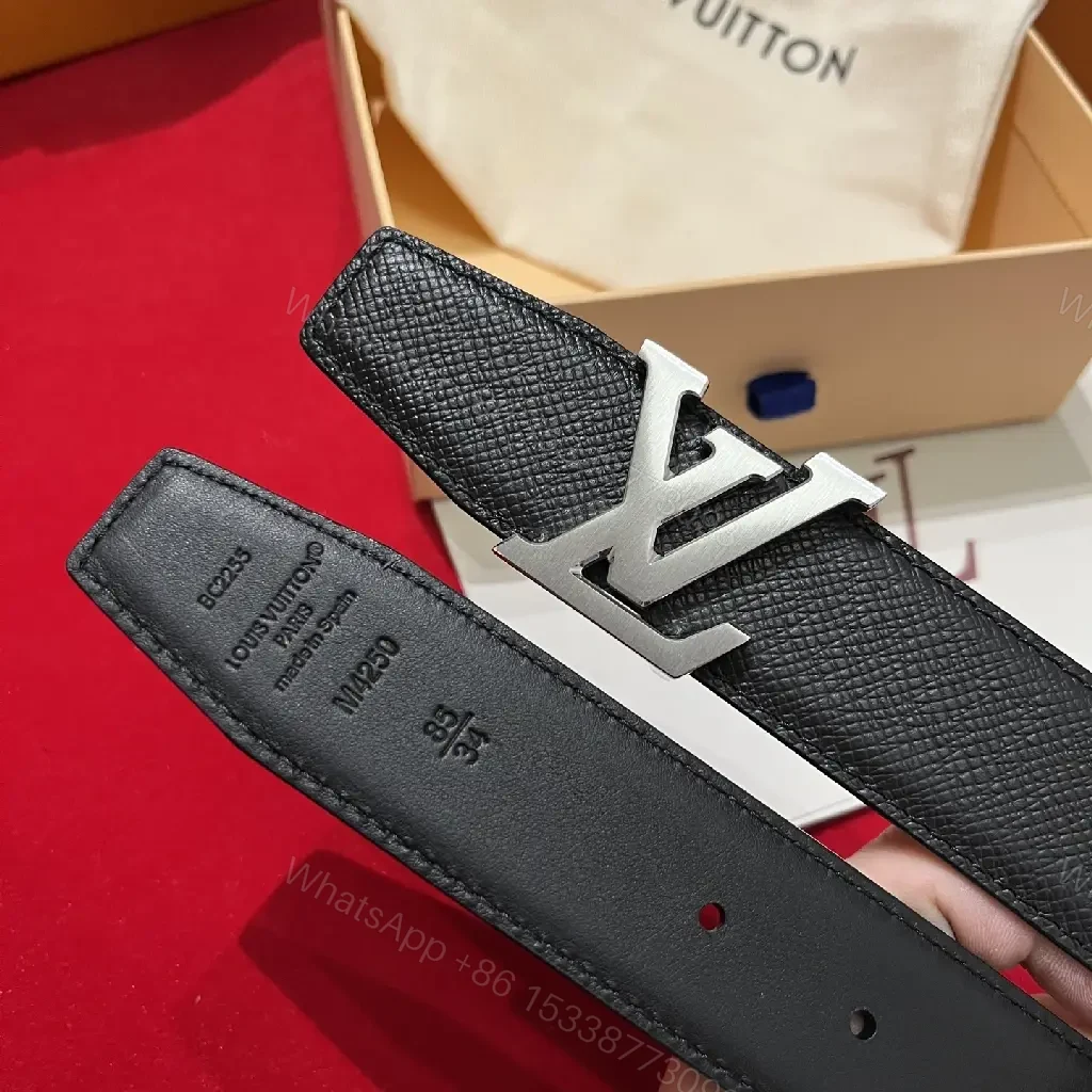 View 5 of Black Leather Belt with LV Buckle - Textured Full-Grain Formal Style