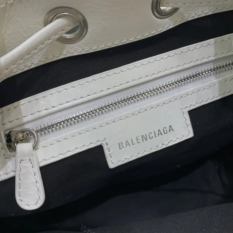 View 8 of White Textured Bucket Bag: Calfskin, Balenciaga-Inspired Luxury Bag
