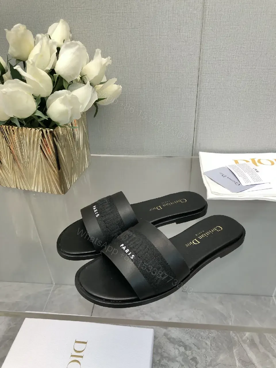 View 3 of Black Satin Strap Slide Paris Logo Sandals - Dior Style