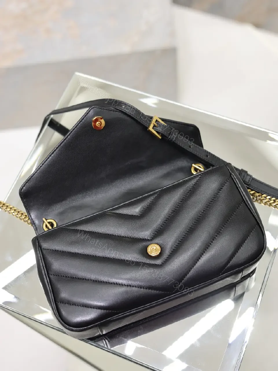 View 4 of Black Leather Structured Shoulder Bag Envelope Flap with YSL Logo Product Type