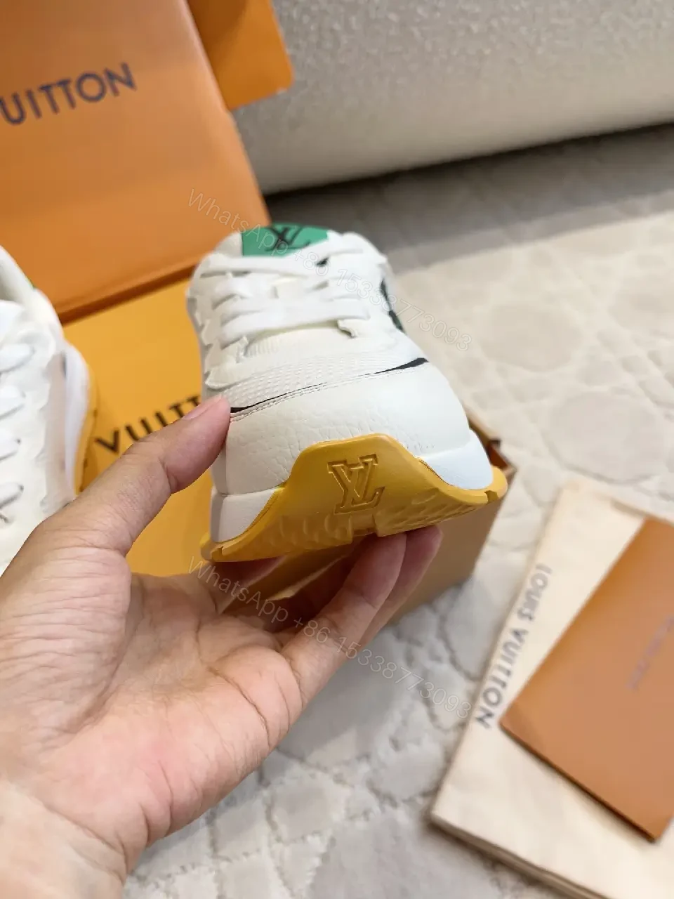 View 4 of Green Logo Knit White Leather Sneakers Lightweight Comfort Louis Vuitton Shoes