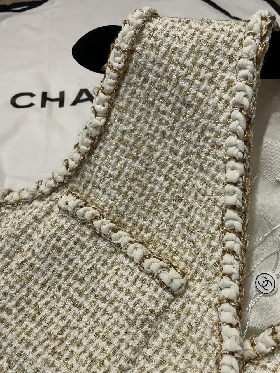 View 7 of Cream Bouclé Vest, Gold Buttons, Textured Luxe Style, Buttoned Front Vest