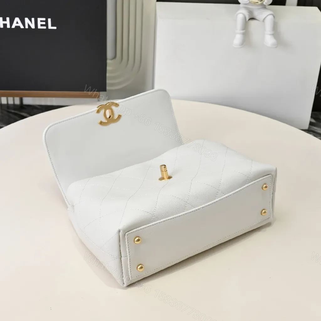 View 6 of White Quilted Flap Bag, Gold Clasp, Chain-Interlace Carrying Style, Luxury LivingBag