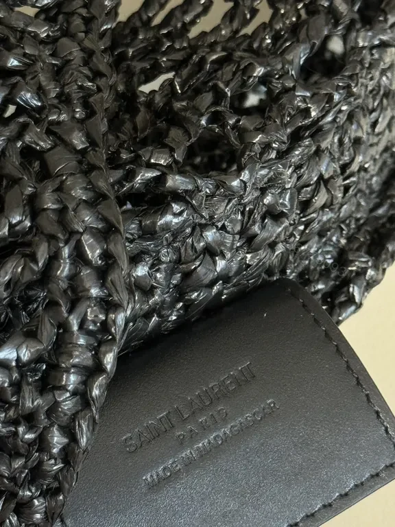View 8 of Textured Crochet Shoulder Bag with Gold YSL Logo, Luxury Style