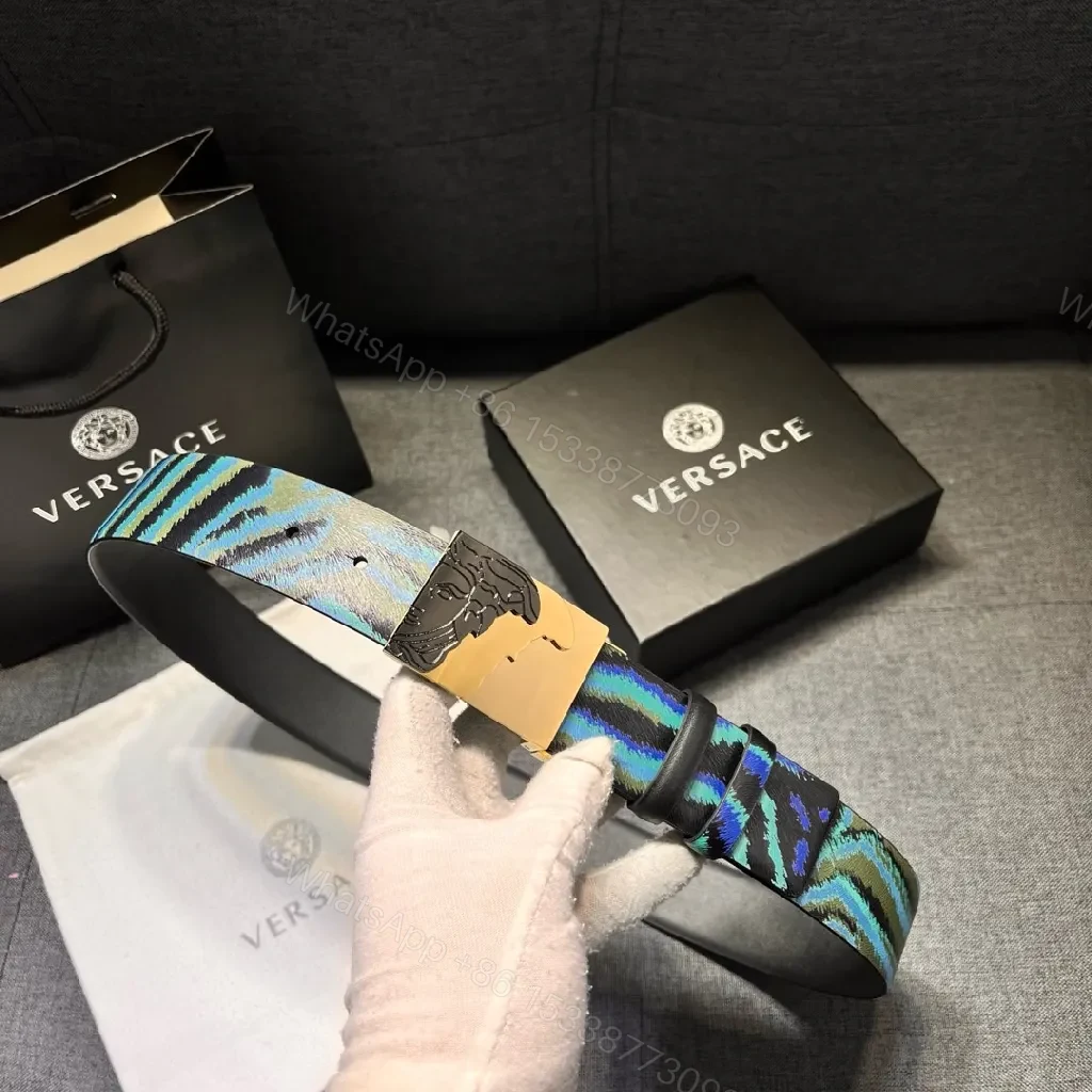 View 9 of Teal-Sapphire Striped Leather Belt with Brushed Buckle