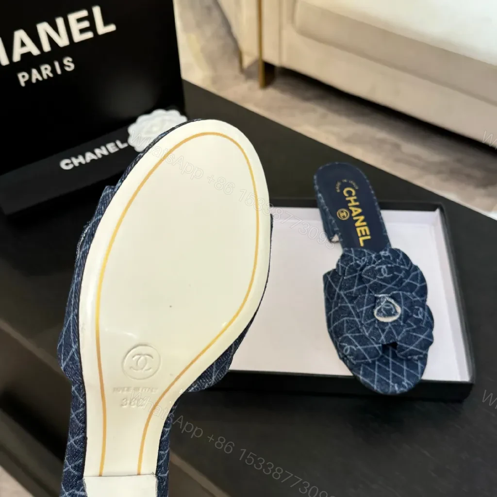 View 6 of Denim-Textured Mule Sandals with Luxe Emblem