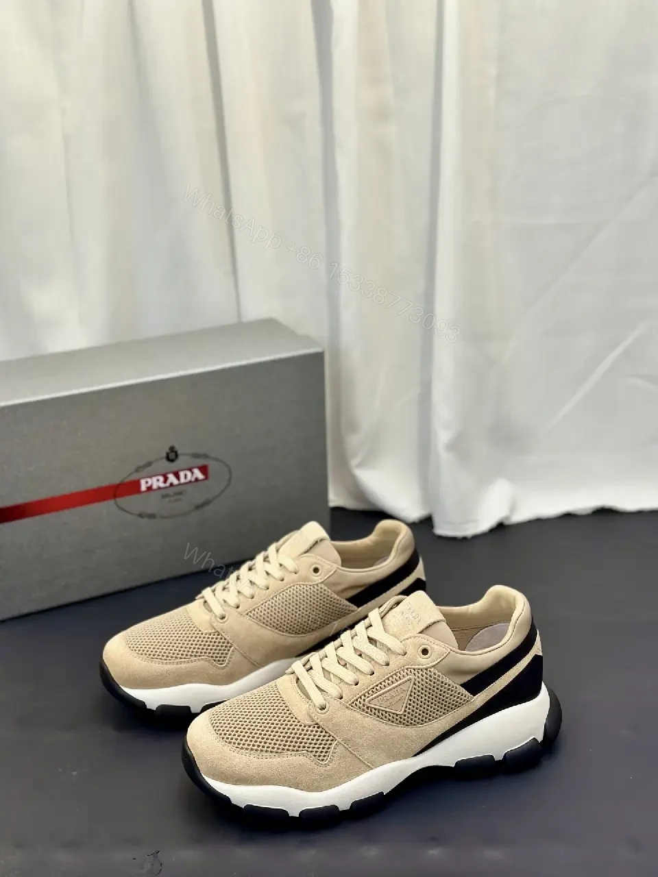 View 7 of Beige Mesh & Suede Sneakers, Lightweight Runner Style, Prada Lookalike