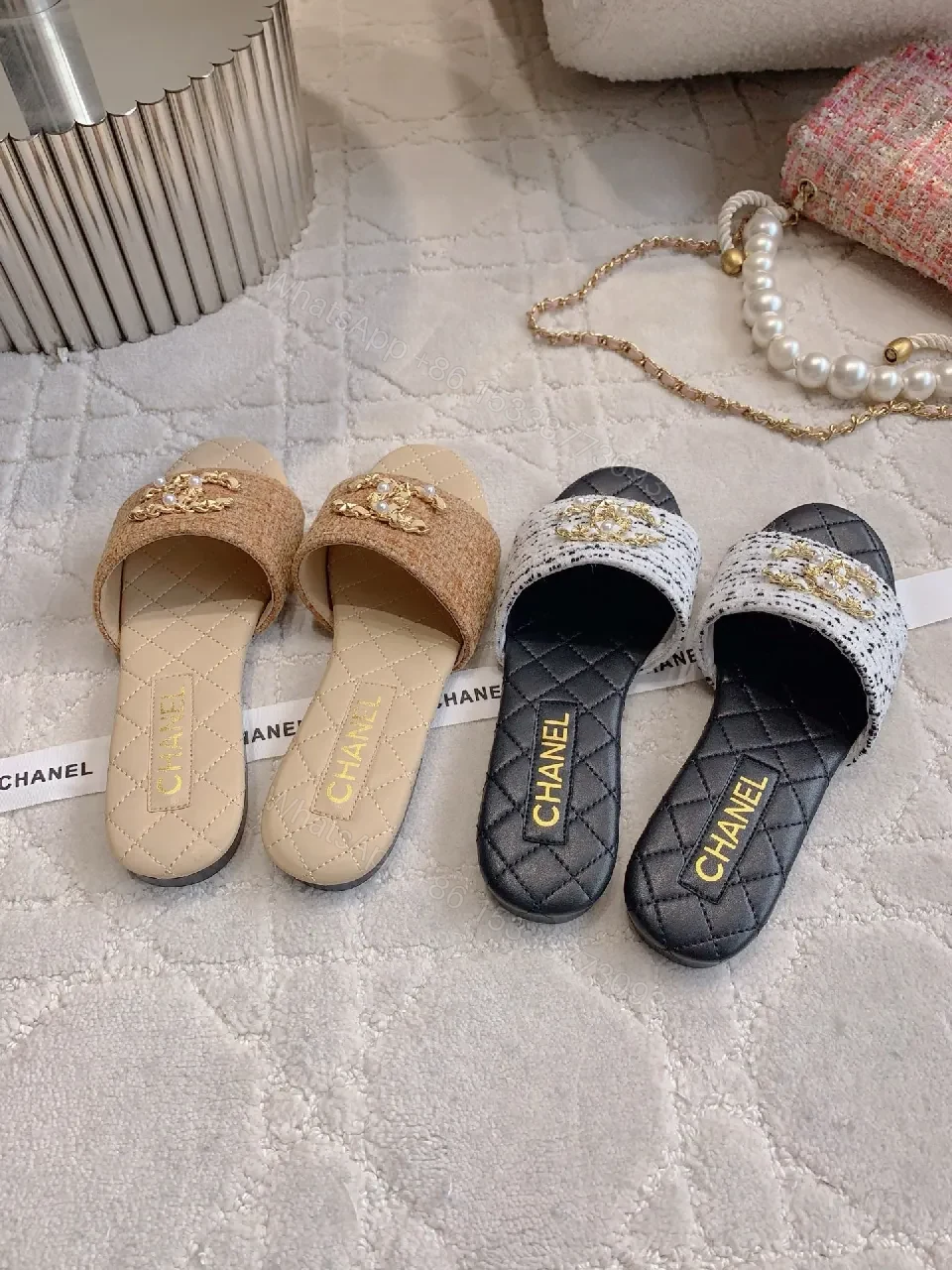 View 2 of Quilted Slides with Crystal Emblem - Luxe Everyday Comfort