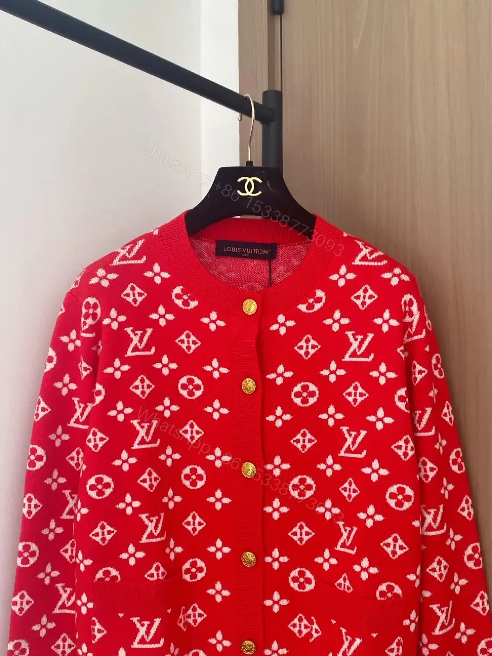 View 5 of Bold Red Cardigan Knit with Gold Button Details