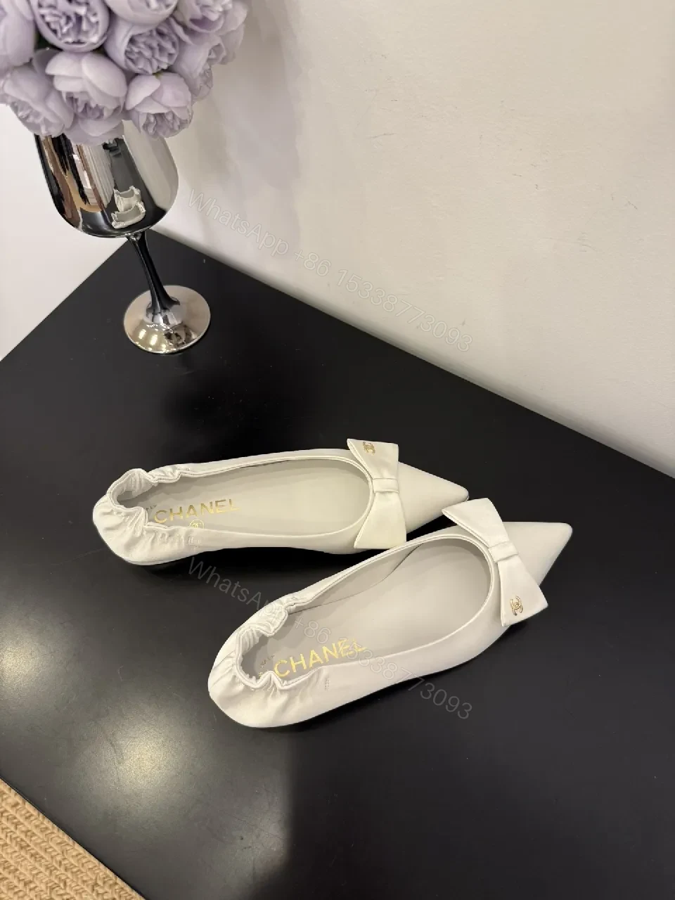 View 6 of White Textured Pointed-Toe Pumps with Bow, Luxury Flat