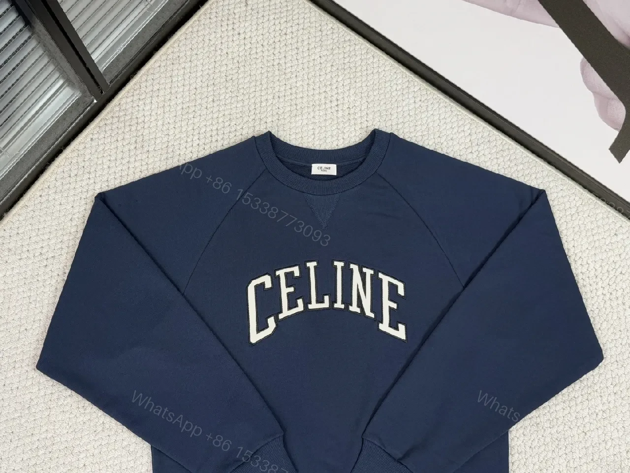 View 10 of Navy Cotton-Blend Crewneck with Arched Logo Sweatshirt
