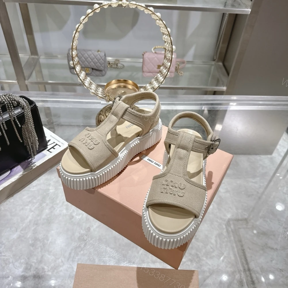 View 7 of MIUMIU DENIM FLATFORM SANDALS COLONIAL BEIGE 5X402E CSL F0044 F 045
