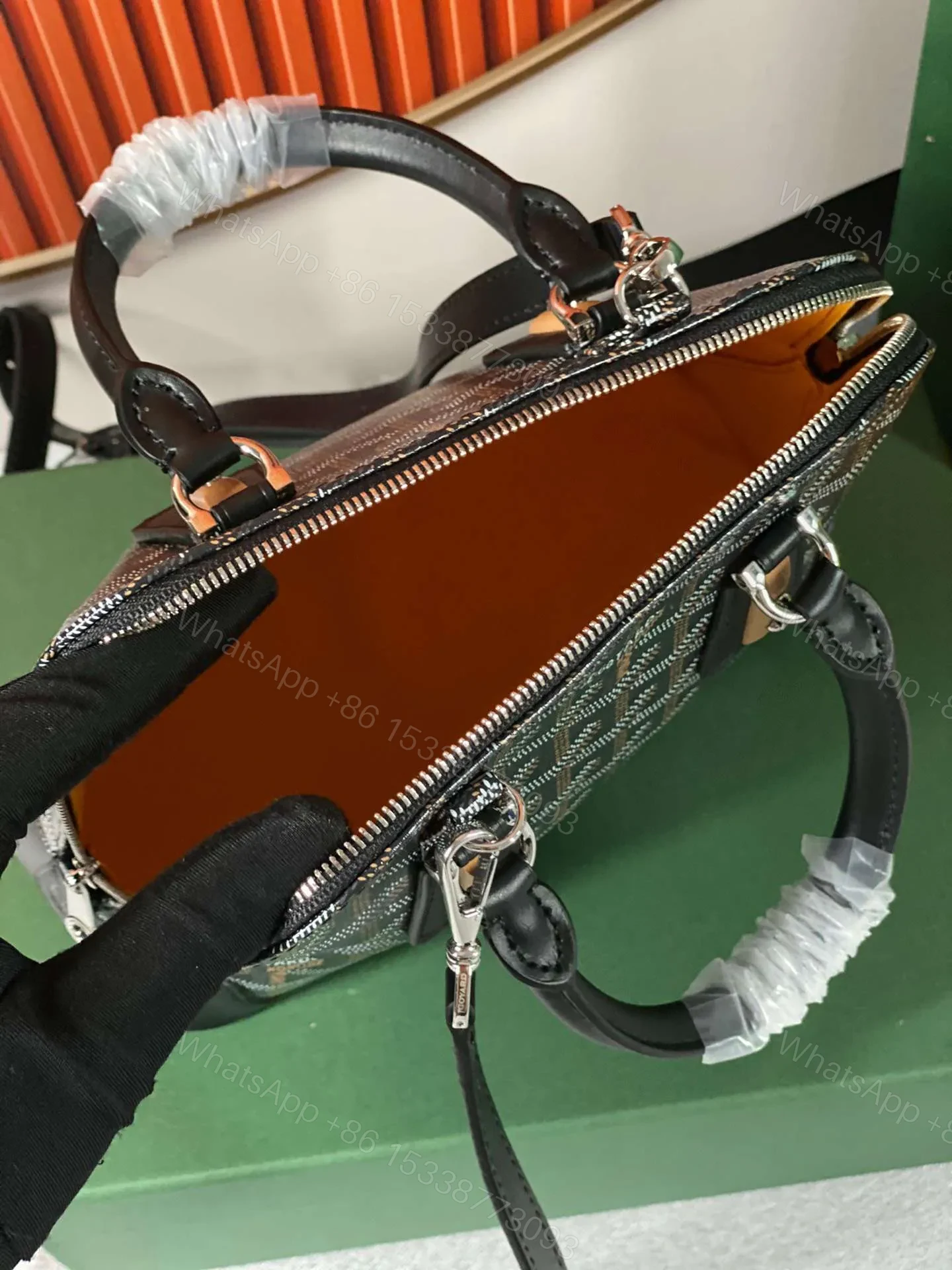View 2 of Goyard Alma Vedome Black Replica Handbag With Fabric Wrapped Leather Strap 24cm