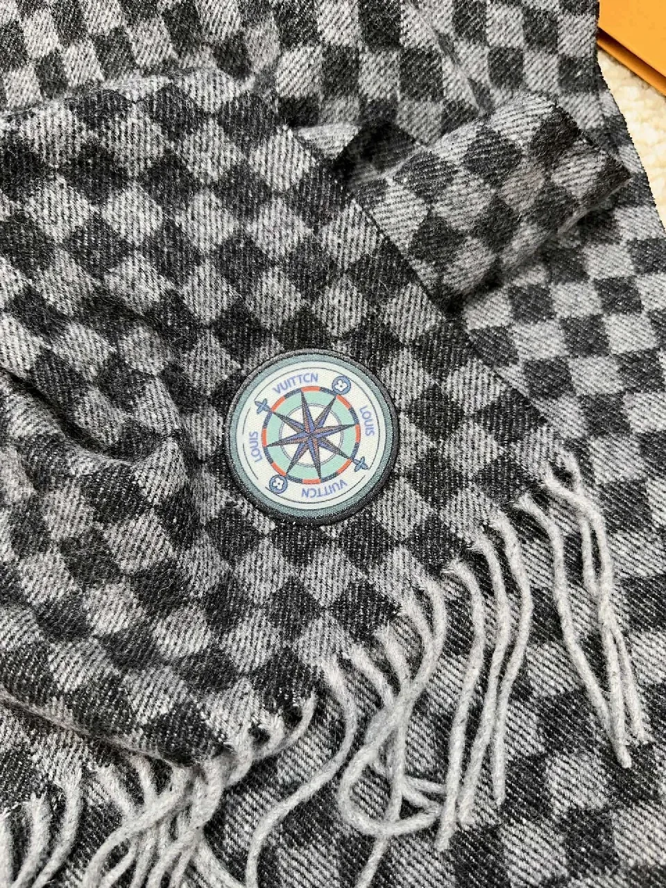 View 3 of Charcoal Charme Knit Scarf with Patch Fringe Detail