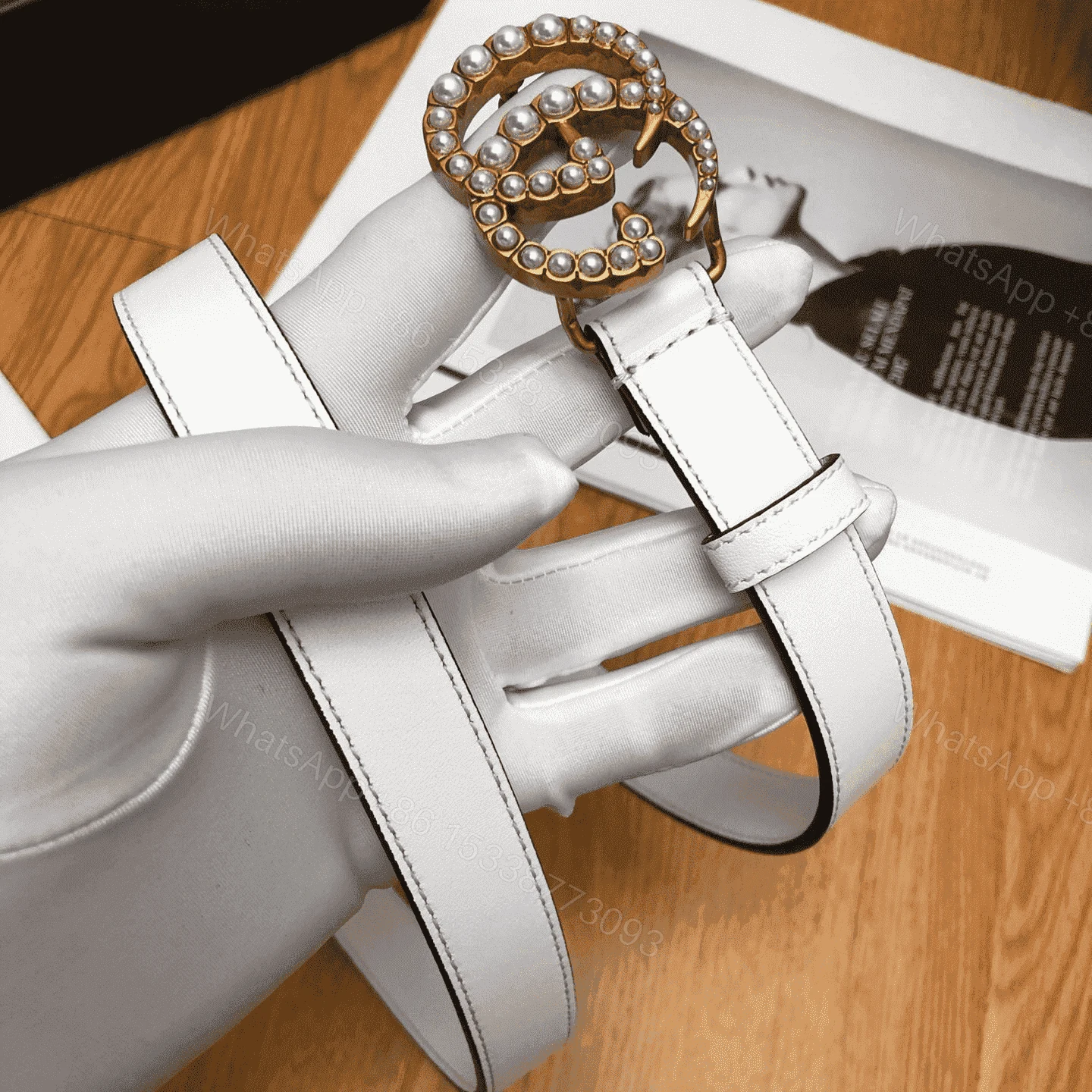 View 6 of GUCCI PEARL STUDDED GG BELT – B14