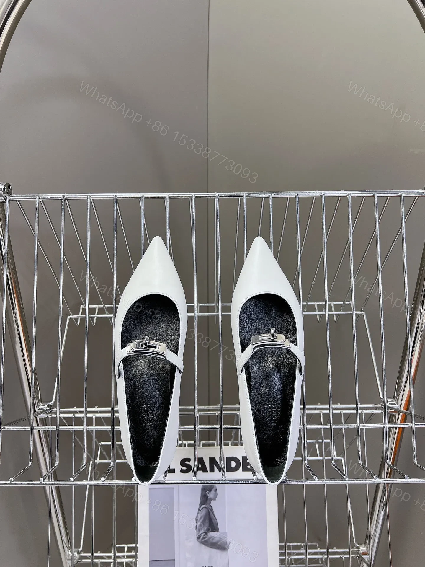 View 2 of Hermes Women White Leather Pointed Mary Jane Flats