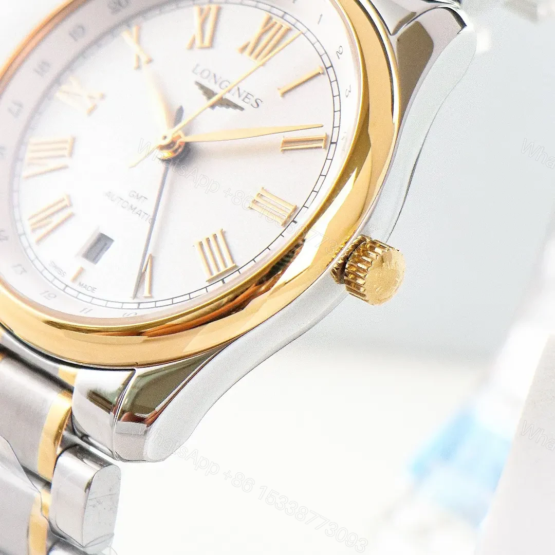 View 7 of Longines Master Classic Re Edition GMT Two Time Zone Watch White Dial Two Tone Stainless Steel and Rose Gold Bracelet 40mm Case Italian Grey Leather Strap Option